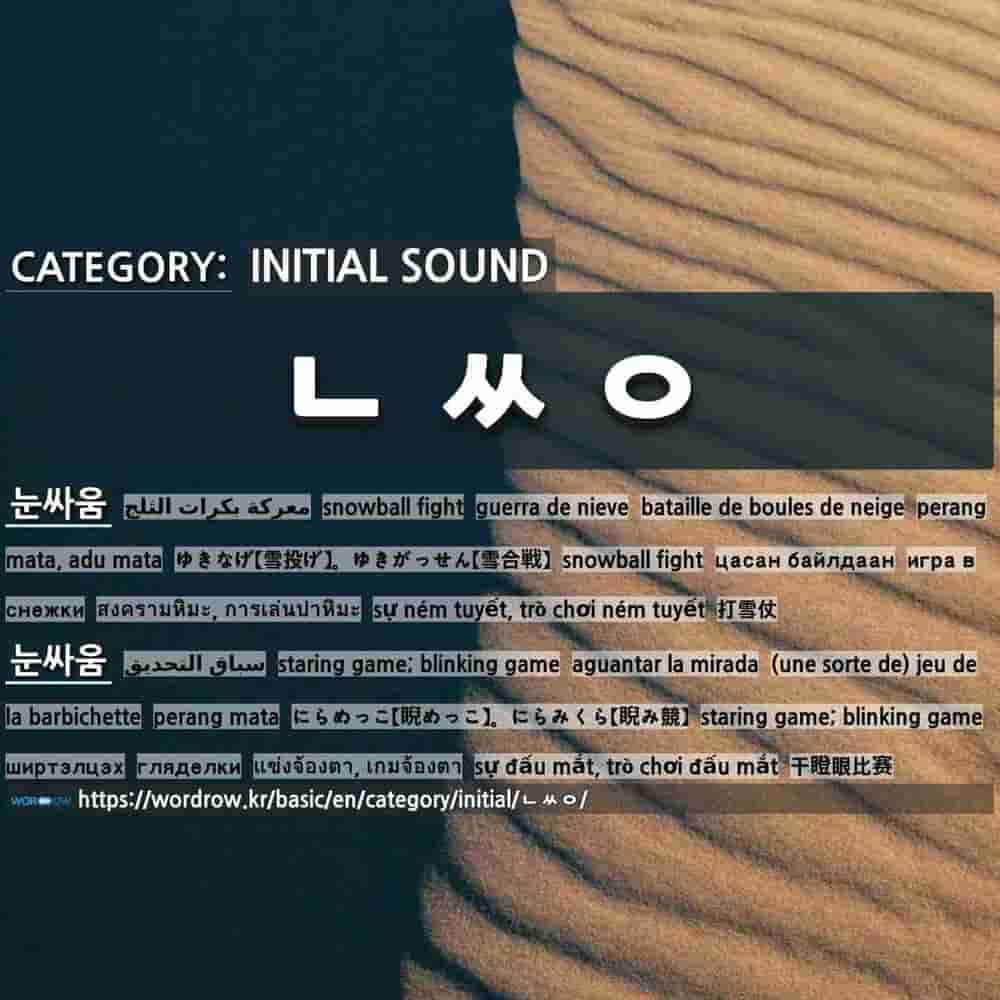 Initial Sound ㄴㅆㅇ 1 ゆきなげ 雪投げ ゆきがっせん 雪合戦 눈싸움 2 にらめっこ 睨めっこ にらみくら 睨み 競 눈싸움