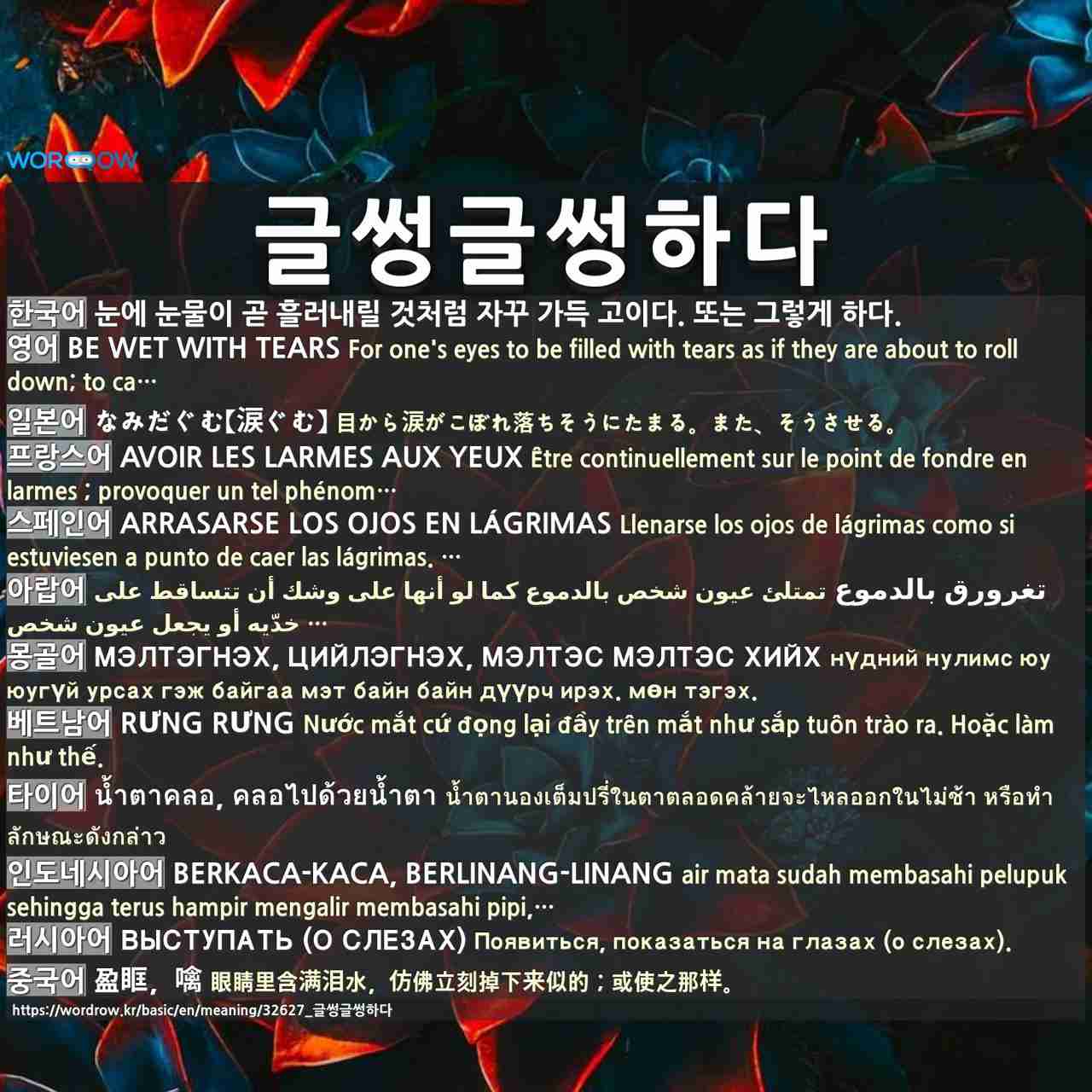 글썽글썽하다: be wet with tears,なみだぐむ【涙ぐむ】,avoir les larmes aux yeux,arrasarse los ojos en lágrimas,تغرورق بالدموع,мэлтэгнэх, цийлэгнэх, мэлтэс мэлтэс хийх,rưng rưng,น้ำตาคลอ, คลอไปด้วยน้ำตา,berkaca-kaca, berlinang-linang,выступать (о слезах),盈眶，噙,