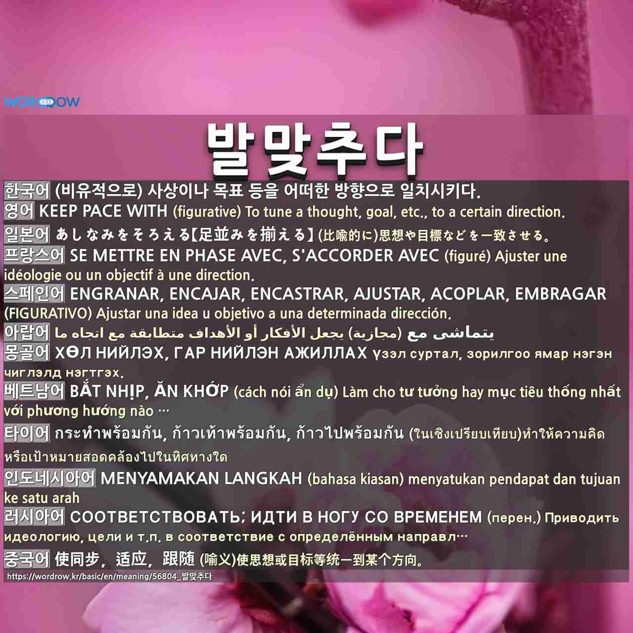 발맞추다: keep pace with,あしなみをそろえる【足並みを揃える】,se mettre en phase avec, s'accorder avec,engranar, encajar, encastrar, ajustar, acoplar, embragar,يتماشى مع,хөл нийлэх, гар нийлэн ажиллах,bắt nhịp, ăn khớp,กระทำพร้อมกัน, ก้าวเท้าพร้อมกัน, ก้าวไปพร้อมกัน,menyamakan langkah,соответствовать; идти в ногу со временем,使同步,适应,跟随,