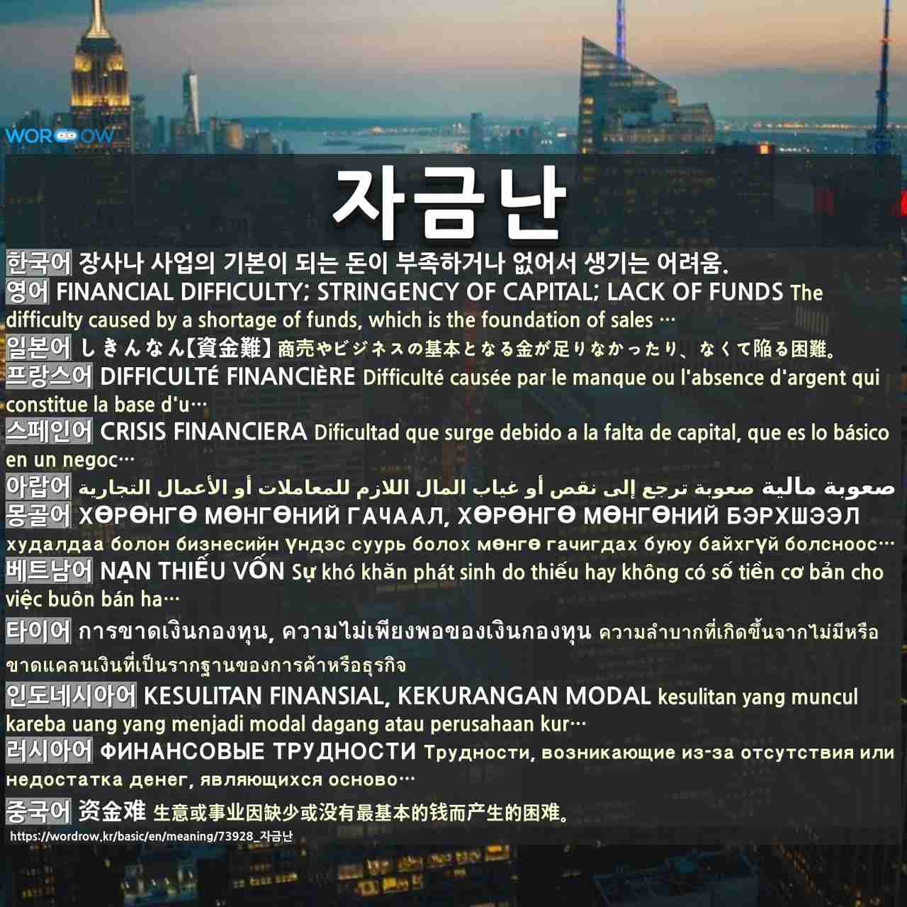 자금난: financial difficulty; stringency of capital; lack of funds,しきんなん【資金難】,difficulté financière,crisis financiera,صعوبة مالية,хөрөнгө мөнгөний гачаал, хөрөнгө мөнгөний бэрхшээл,nạn thiếu vốn,การขาดเงินกองทุน, ความไม่เพียงพอของเงินกองทุน,kesulitan finansial, kekurangan modal,финансовые трудности,资金难,