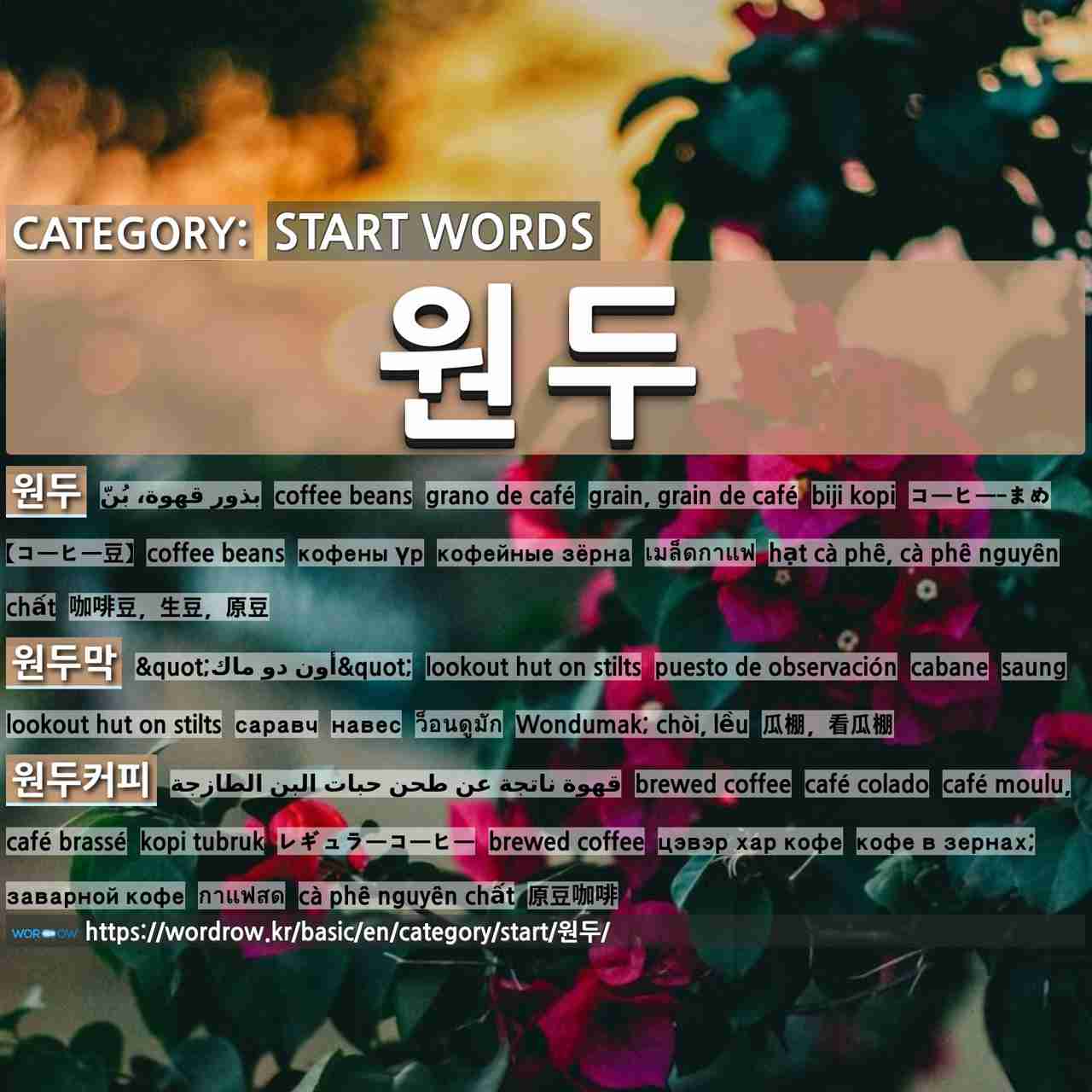 START WORDS: 원두: (1)COFFEE BEANS[원두] (2)LOOKOUT HUT ON STILTS[원두막] (3)BREWED COFFEE[원두커피]
