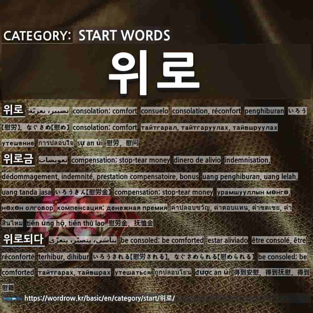 Start Words 위로 1 いろう 慰労 なぐさめ 慰め 위로 2 いろうきん 慰労金 위로금 3 いろうされる 慰労される なぐさめられる 慰められる 위로되다 4