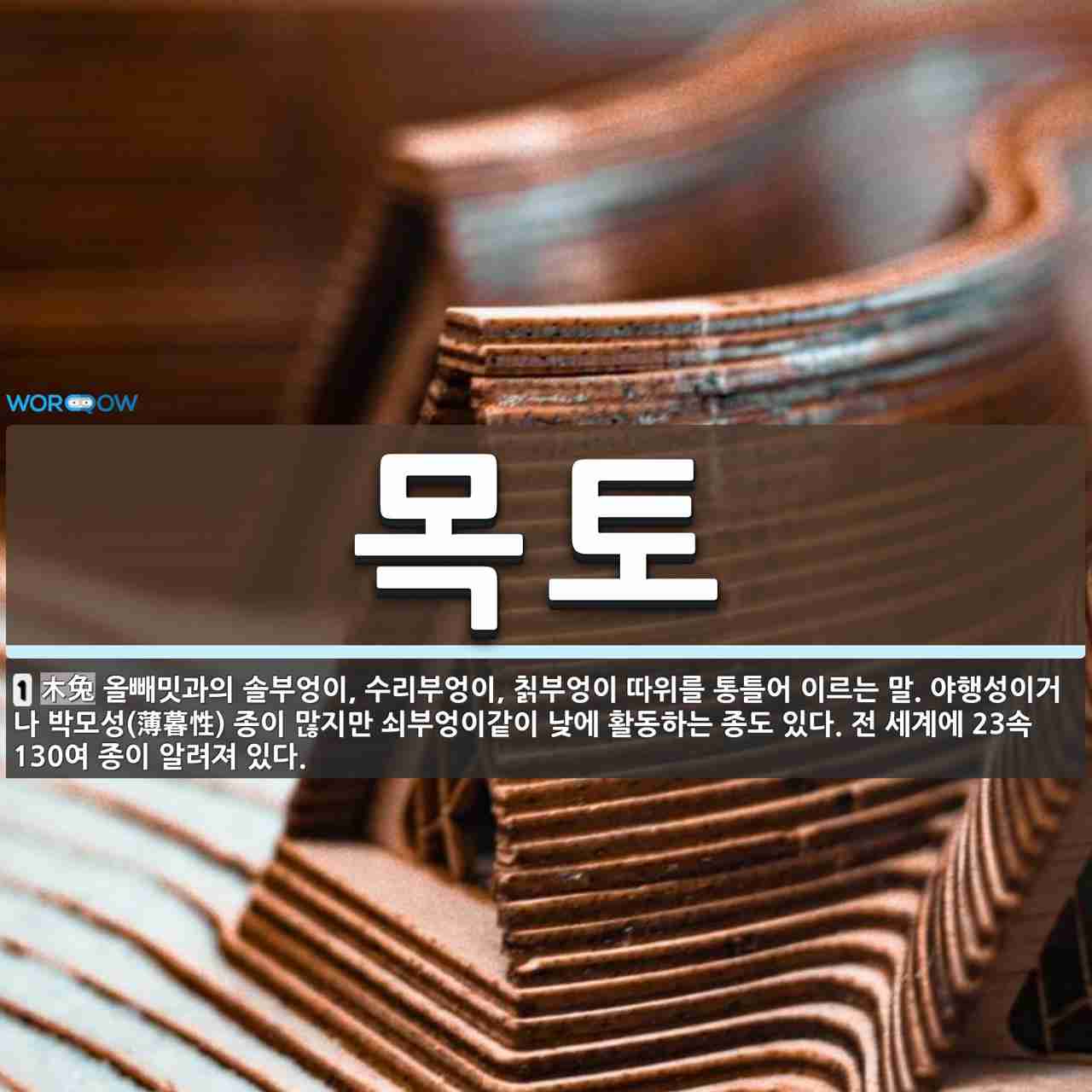 목토 뜻: 올빼밋과의 솔부엉이, 수리부엉이, 칡부엉이 따위를 통틀어 이르는 말. 야행성이거나 박모성(