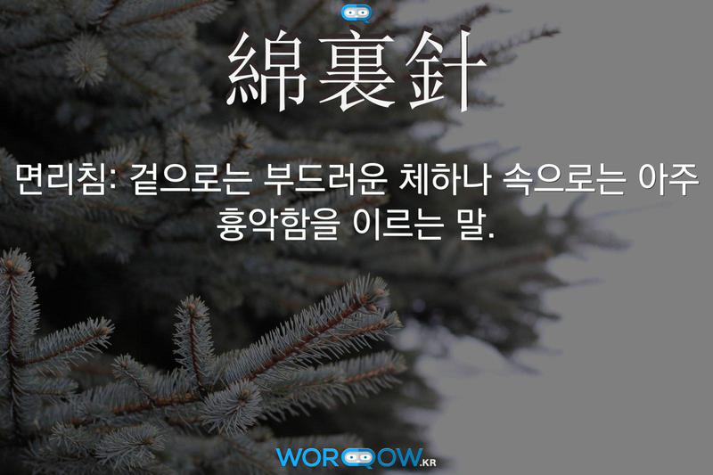 綿裏針(면리침)의 의미: 겉으로는 부드러운 체하나 속으로는 아주 흉악함을 이르는 말.