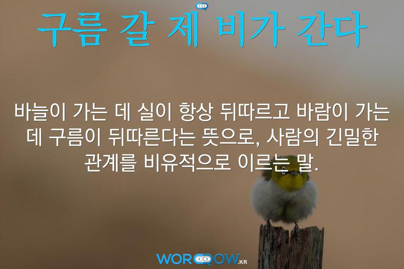 구름 갈 제 비가 간다: 바늘이 가는 데 실이 항상 뒤따르고 바람이 가는 데 구름이 뒤따른다는 뜻으로, 사람의 긴밀한 관계를 비유적으로 이르는 말.