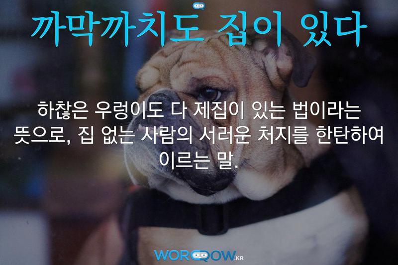 까막까치도 집이 있다: 하찮은 우렁이도 다 제집이 있는 법이라는 뜻으로, 집 없는 사람의 서러운 처지를 한탄하여 이르는 말.