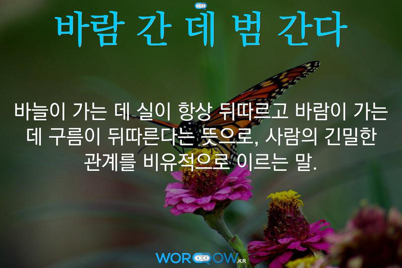 바람 간 데 범 간다: 바늘이 가는 데 실이 항상 뒤따르고 바람이 가는 데 구름이 뒤따른다는 뜻으로, 사람의 긴밀한 관계를 비유적으로 이르는 말.