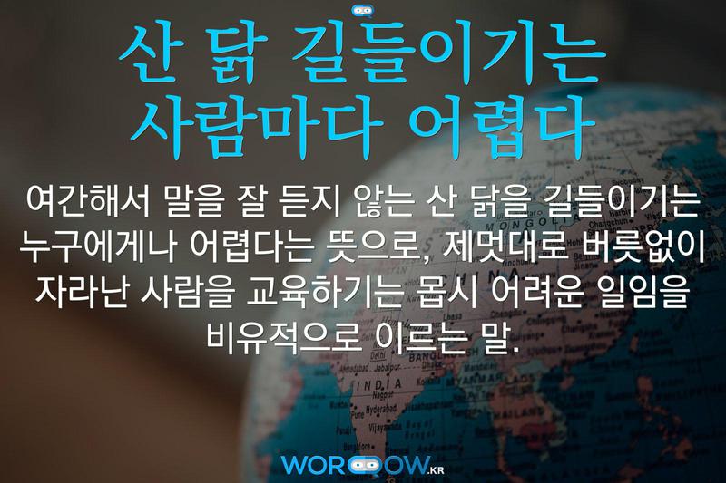 산 닭 길들이기는 사람마다 어렵다: 여간해서 말을 잘 듣지 않는 산 닭을 길들이기는 누구에게나 어렵다는 뜻으로, 제멋대로 버릇없이 자라난 사람을 교육하기는 몹시 어려운 일임을 비유적으로 이르는 말.