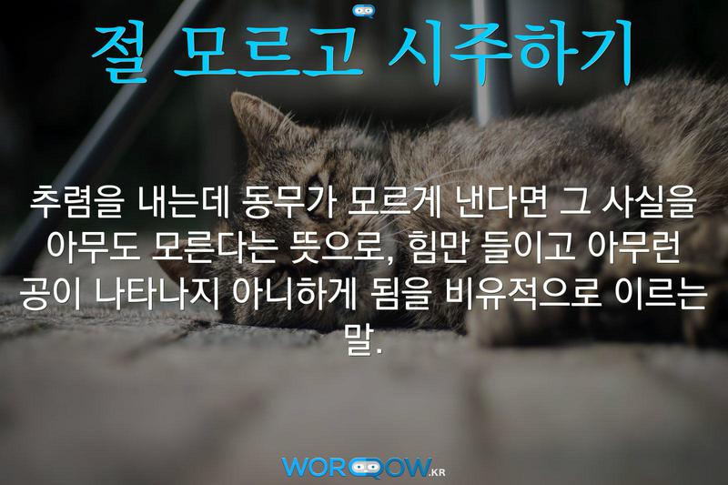 절 모르고 시주하기: 추렴을 내는데 동무가 모르게 낸다면 그 사실을 아무도 모른다는 뜻으로, 힘만 들이고 아무런 공이 나타나지 아니하게 됨을 비유적으로 이르는 말.