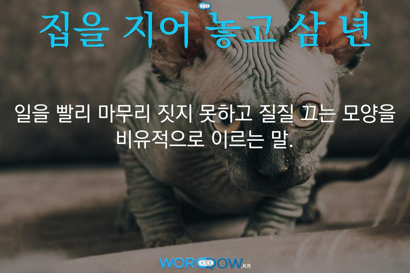 집을 지어 놓고 삼 년: 일을 빨리 마무리 짓지 못하고 질질 끄는 모양을 비유적으로 이르는 말.